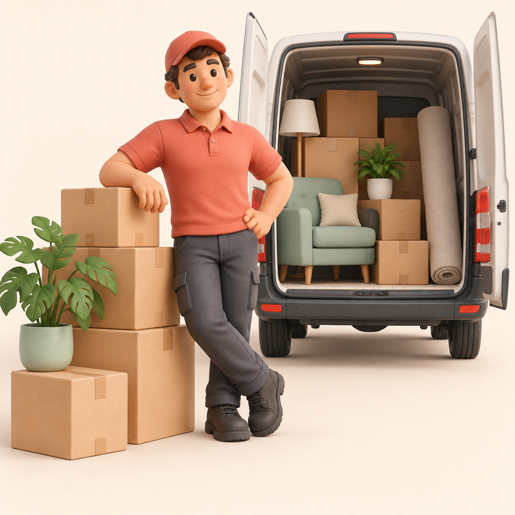 Mover with packed boxes beside a moving van